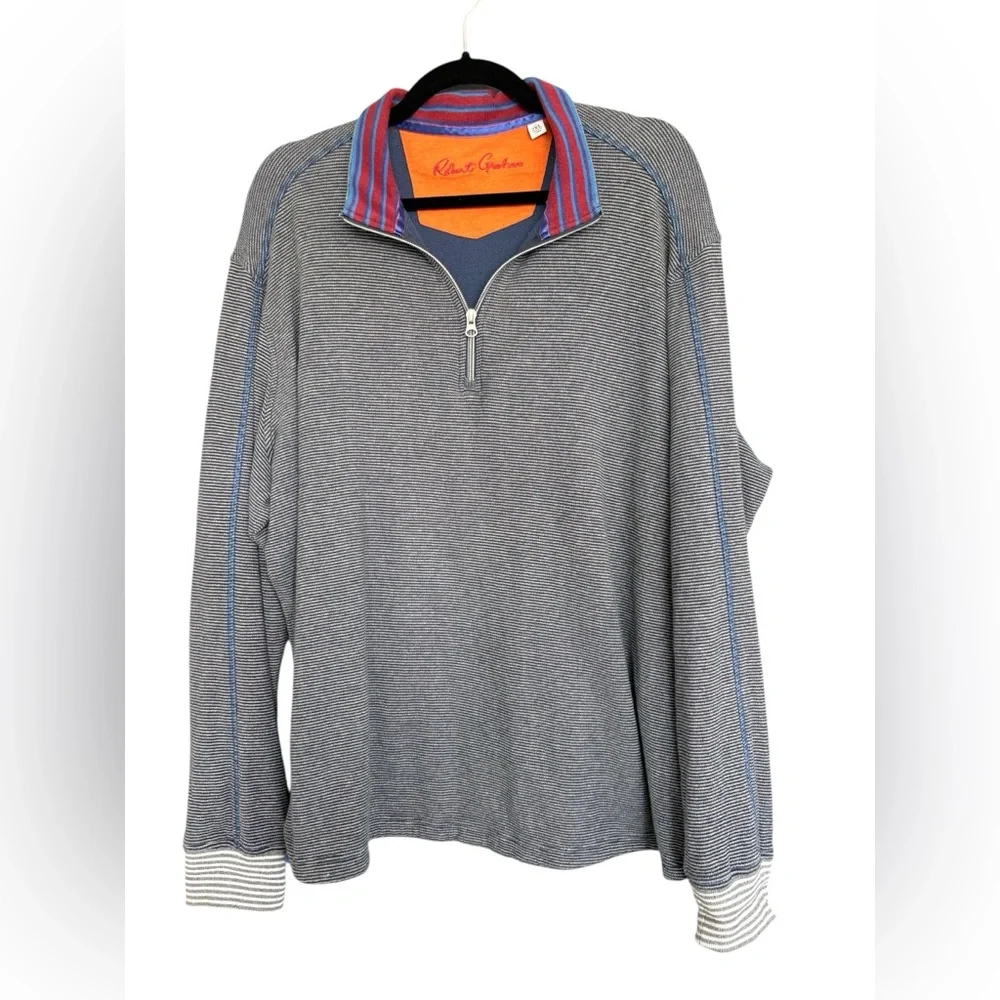 Robert Graham Men's 1/4 Zip Pullover Striped Knit Blue XXL Golf Office